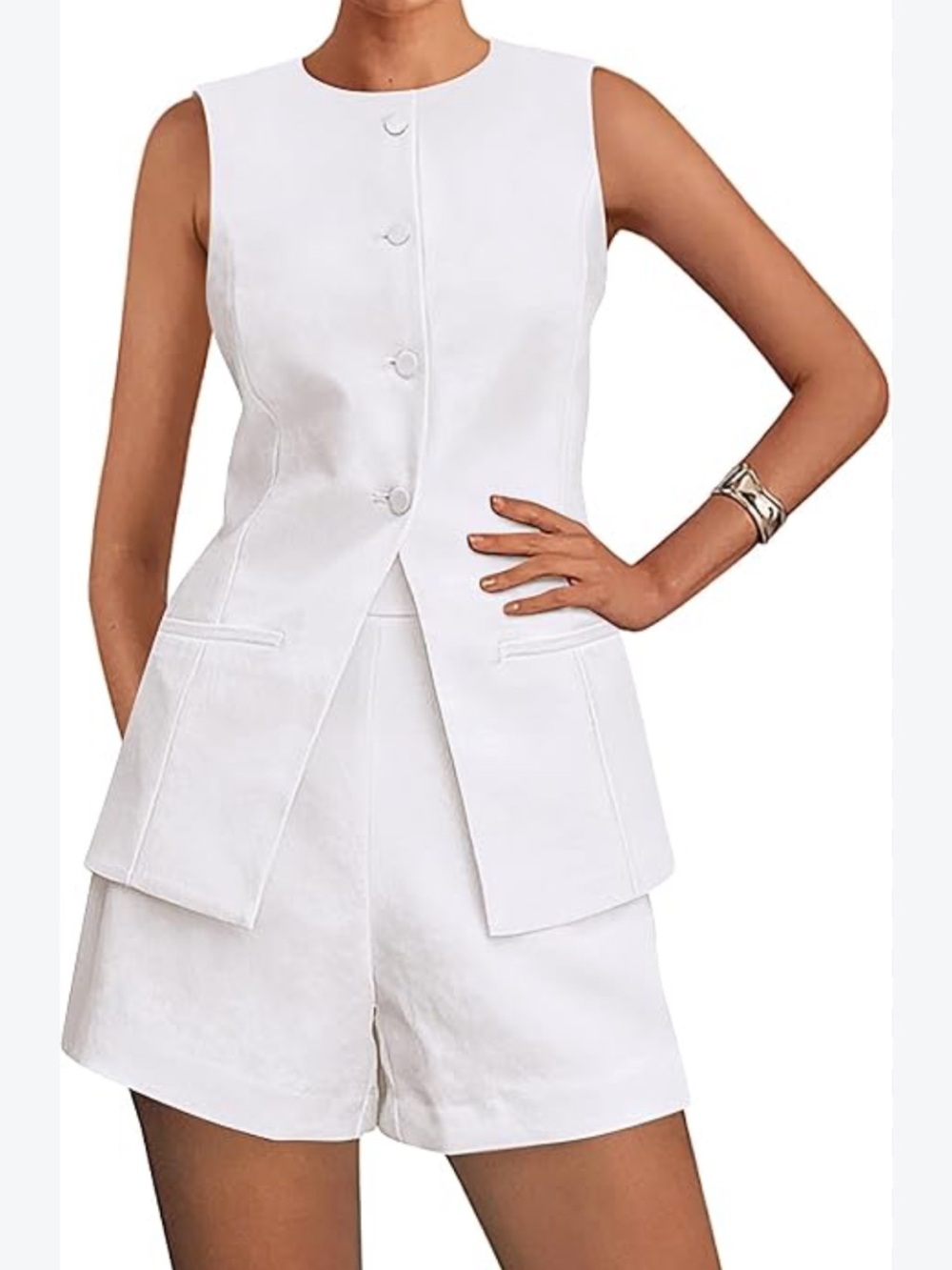 White Sleeveless Tailored Vest & Shorts Set - Women's Jumpsuit Alternative